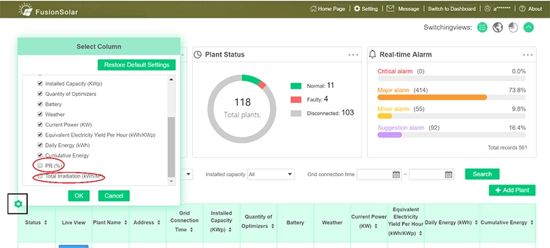 The system efficiency PR and total irradiance can be displayed on the home page