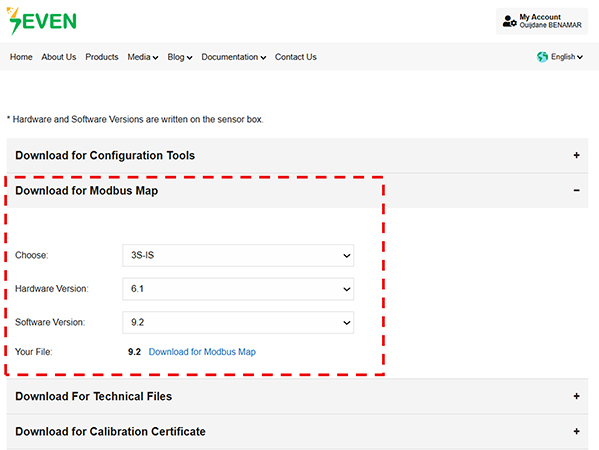 mapa Modbus del sensor