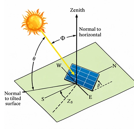 Inclination angle, β; Surface azimuth angle, Zs; Solar zenith angle, ϕ; Solar elevation angle, θ
